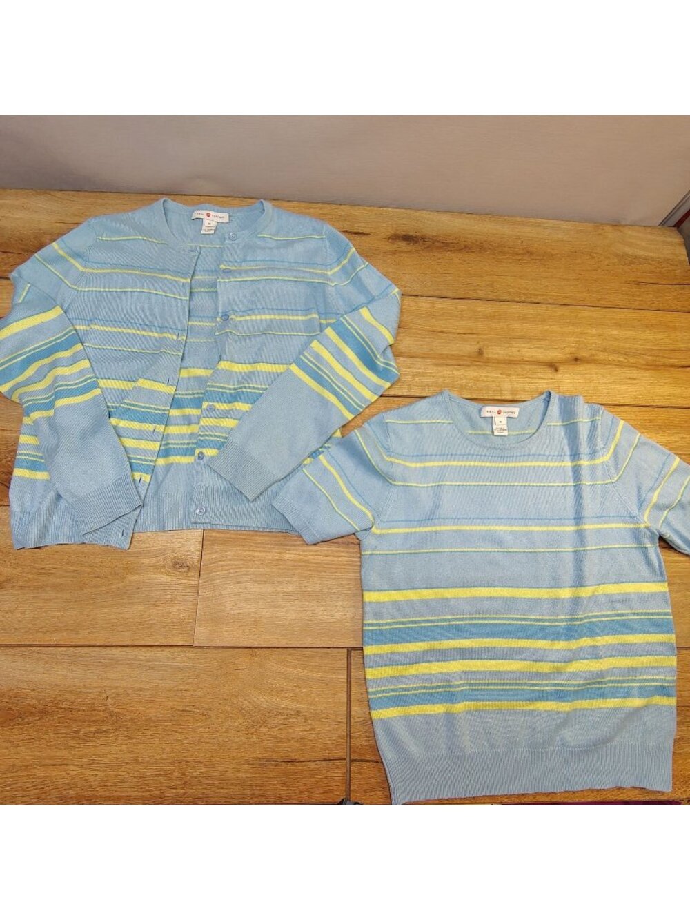 Real Clothes Vtg Pastel Striped Cardigan Sweater Twin-set Light Blue Yellow Prep
